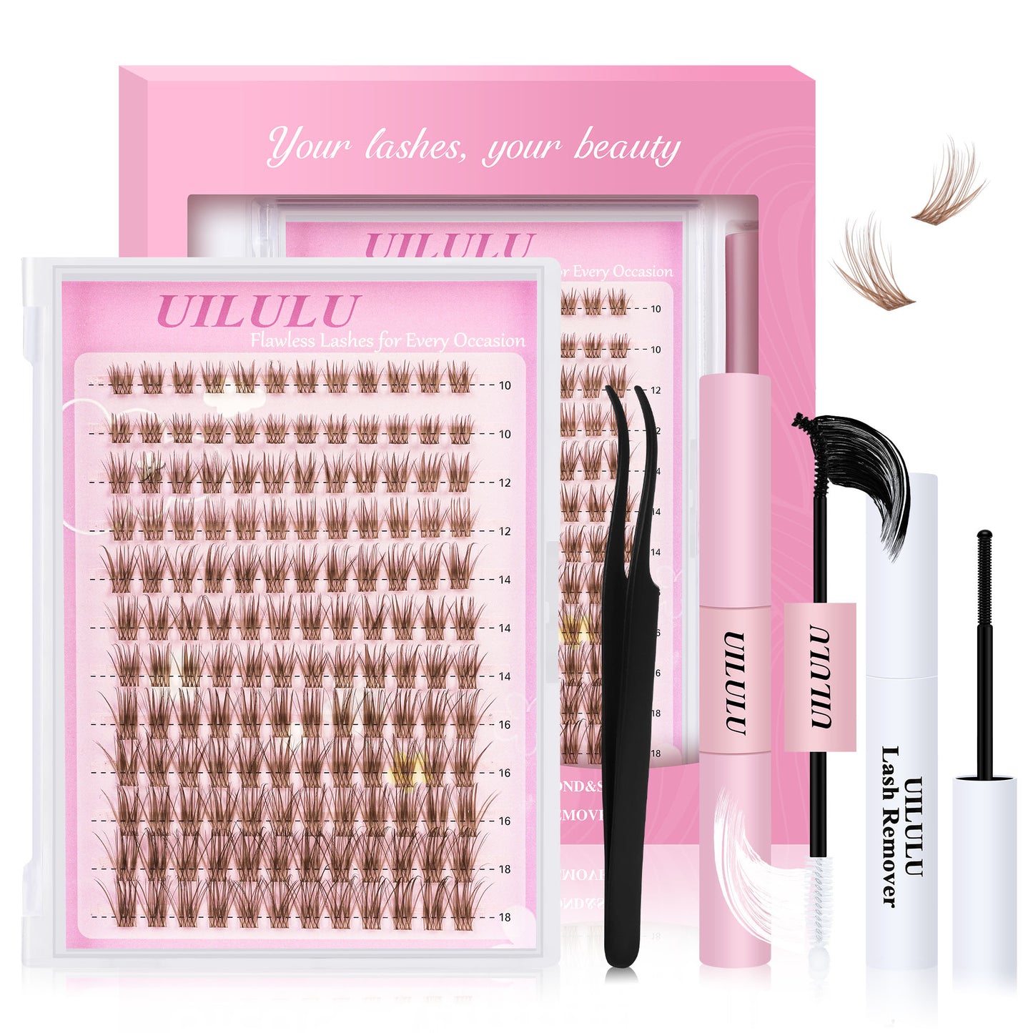 Uilulu Brown Lash Clusters Kit 10-18mm Wispy Lash Clusters D Curl Eyelash Clusters, DIY Lash Extension Kit with Lash Bond & Seal, Lash Glue Remover, Lash Tweezers(U19 Lash Kit)