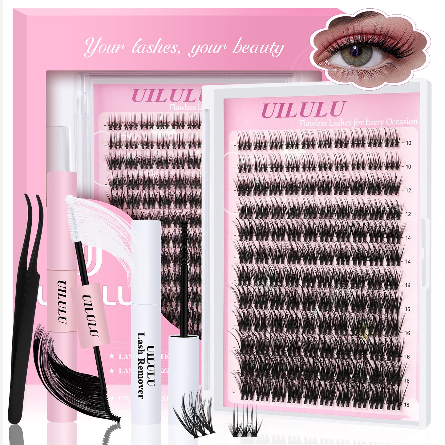 UILULU Lash Clusters Kit 10-18mm Mix D Curl DIY Extension Eye Natural Lashes False Wispy EyeLash Cluster with Bond & Seal, Glue Remover, Tweezers(U20)