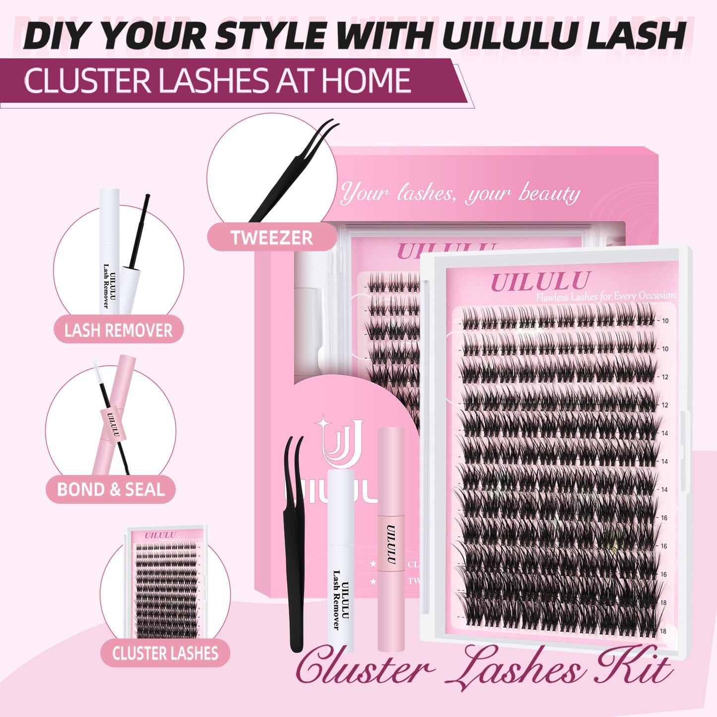 UILULU Lash Clusters Kit 10-18mm Mix D Curl DIY Extension Eye Natural Lashes False Wispy EyeLash Cluster with Bond & Seal, Glue Remover, Tweezers(U20)