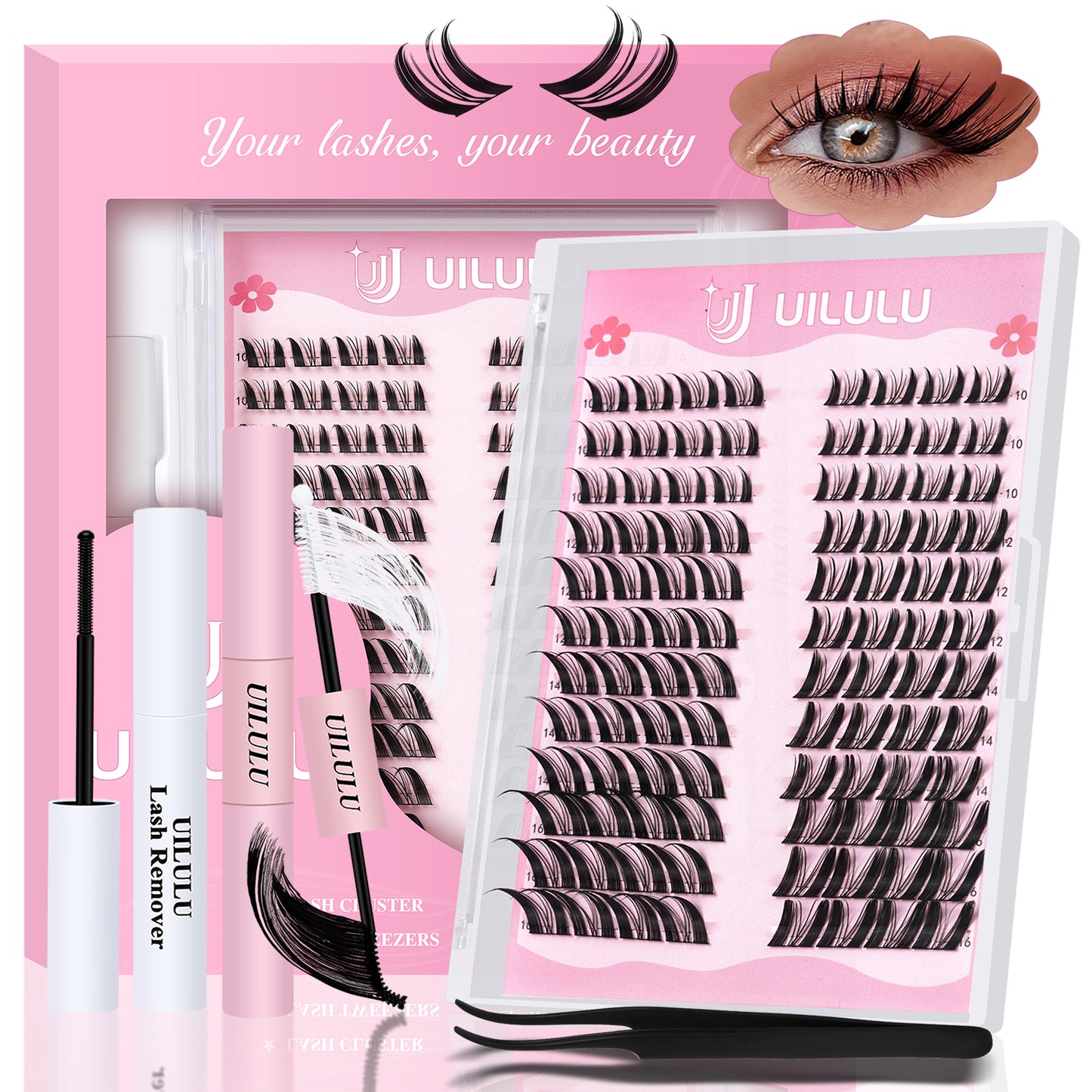 UILULU Manga Fairy Lash Clusters Kit 10–16mm–Anime FoxEye D Curl Eyelash Clusters (Left & Right WideSpan)–DIY Wet Look Lash Extension Kit with Bond & Seal, Glue Remover & Tweezers(U29 Lash Kit)