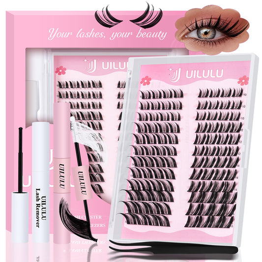 UILULU Manga Fairy Lash Clusters Kit 10–16mm–Anime FoxEye D Curl Eyelash Clusters (Left & Right WideSpan)–DIY Wet Look Lash Extension Kit with Bond & Seal, Glue Remover & Tweezers(U29 Lash Kit)