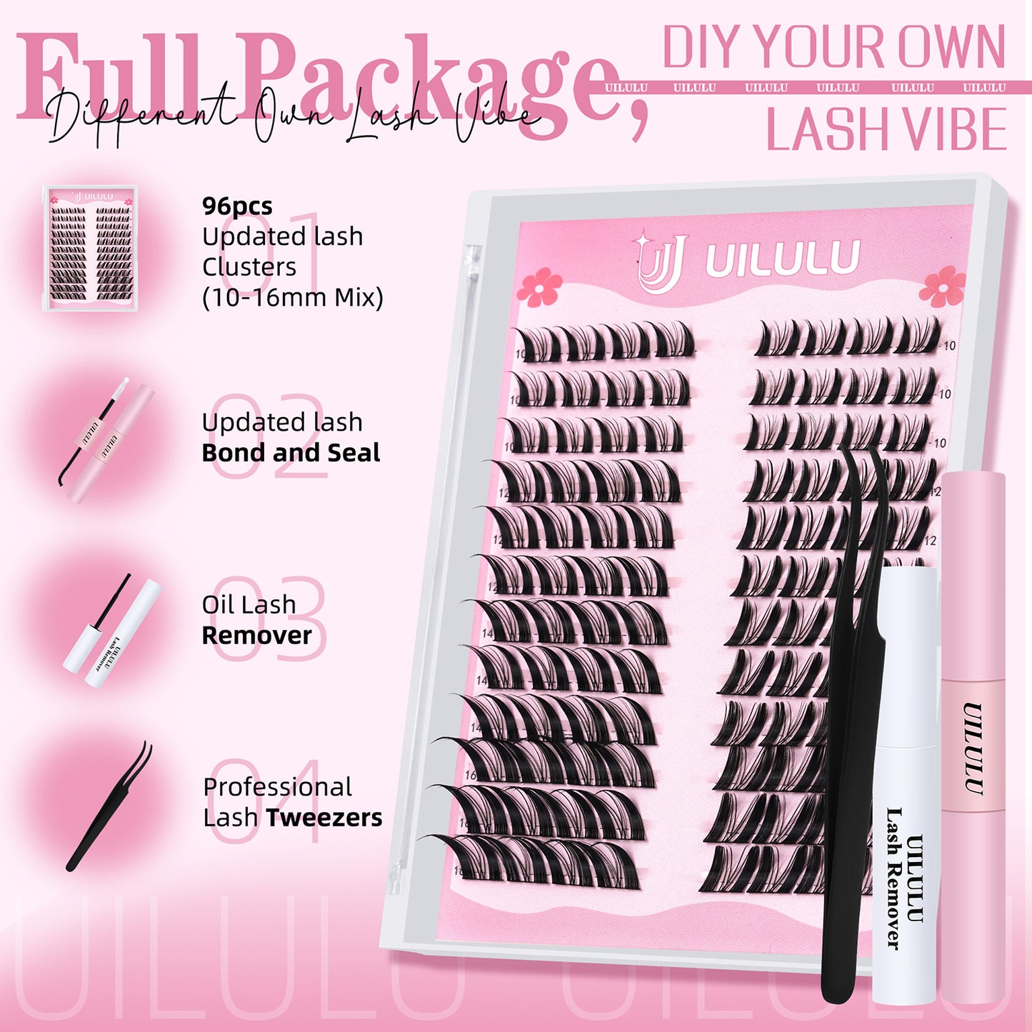 UILULU Manga Fairy Lash Clusters Kit 10–16mm–Anime FoxEye D Curl Eyelash Clusters (Left & Right WideSpan)–DIY Wet Look Lash Extension Kit with Bond & Seal, Glue Remover & Tweezers(U29 Lash Kit)