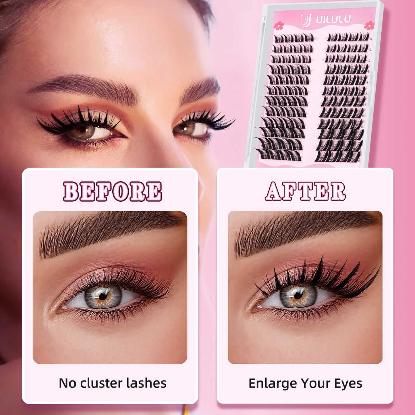 UILULU Manga Fairy Lash Clusters 10–16mm–Anime FoxEye D Curl Eyelash Clusters (Left & Right WideSpan)–DIY Wet Look Lash Extensions–Individual Fake Lashes (U29 Lashes Only)