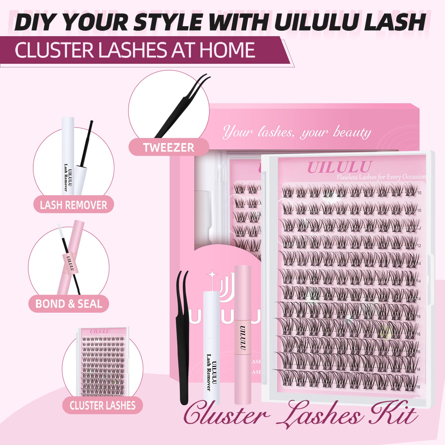 UILULU Natural Lash Clusters Kit 10-18mm Mix D Curl DIY Extension Eye Natural Lashes False Wispy EyeLash Cluster with Bond & Seal, Glue Remover, Tweezers(U26)