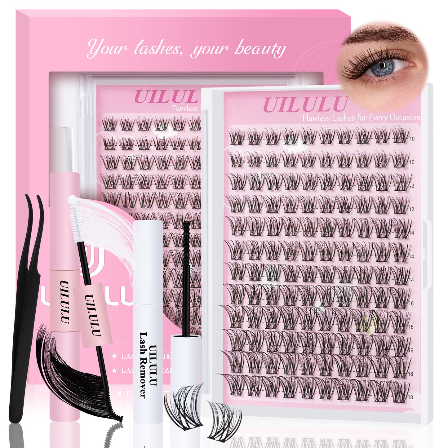 UILULU Natural Lash Clusters Kit 10-18mm Mix D Curl DIY Extension Eye Natural Lashes False Wispy EyeLash Cluster with Bond & Seal, Glue Remover, Tweezers(U26)