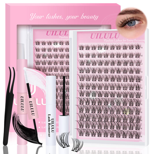 UILULU Natural Lash Clusters Kit 10-18mm Mix D Curl DIY Extension Eye Natural Lashes False Wispy EyeLash Cluster with Bond & Seal, Glue Remover, Tweezers(U26)