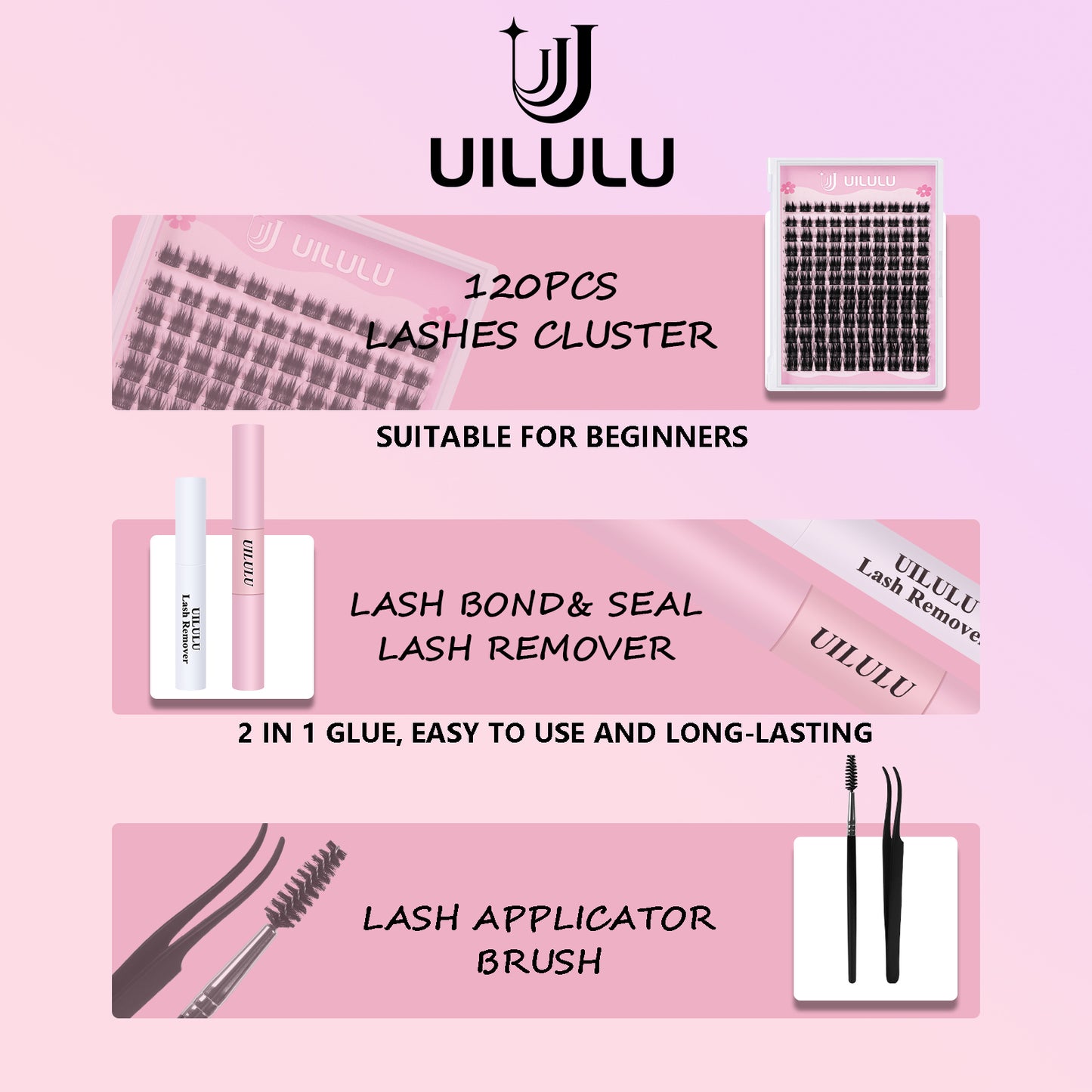 Uilulu Lash Clusters Kit 10-18mm Natural Lashes Clusters D Curl False Eyelash Clusters, DIY Lash Extension Kit with Lash Bond & Seal, Lash Glue Remover, Lash Tweezers & Lash Brush(U05 Lash Kit)