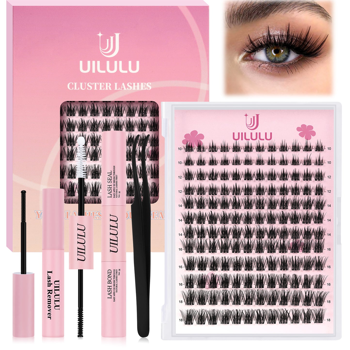 Uilulu Lash Clusters Kit 10-18mm Natural Lashes Clusters D Curl False Eyelash Clusters, DIY Lash Extension Kit with Lash Bond & Seal, Lash Glue Remover, Lash Tweezers(U06 Lash Kit)