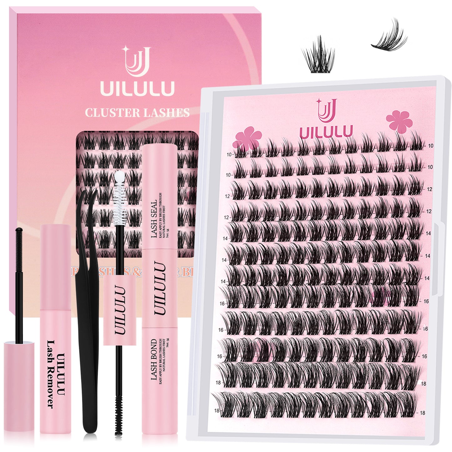 Uilulu Lash Clusters Kit 10-18mm Natural Lashes Clusters D Curl False Eyelash Clusters, DIY Lash Extension Kit with Lash Bond & Seal, Lash Glue Remover, Lash Tweezers(U06 Lash Kit)