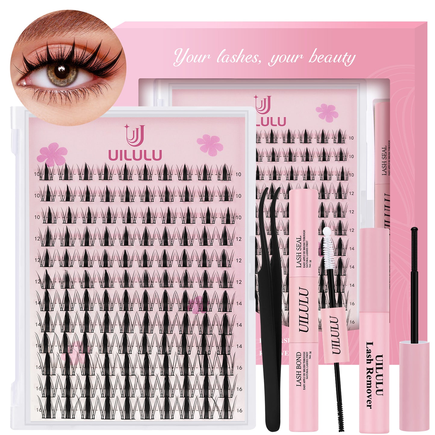 Uilulu Lash Clusters Kit 10-16mm Natural Lashes Clusters D Curl False Eyelash Clusters, DIY Lash Extension Kit with Lash Bond & Seal, Lash Glue Remover, Lash Tweezers(U07 Lash Kit)