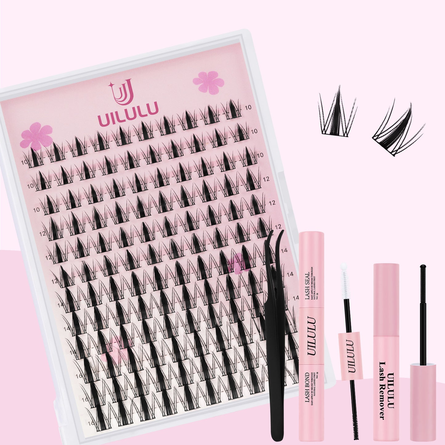 Uilulu Lash Clusters Kit 10-16mm Natural Lashes Clusters D Curl False Eyelash Clusters, DIY Lash Extension Kit with Lash Bond & Seal, Lash Glue Remover, Lash Tweezers(U07 Lash Kit)