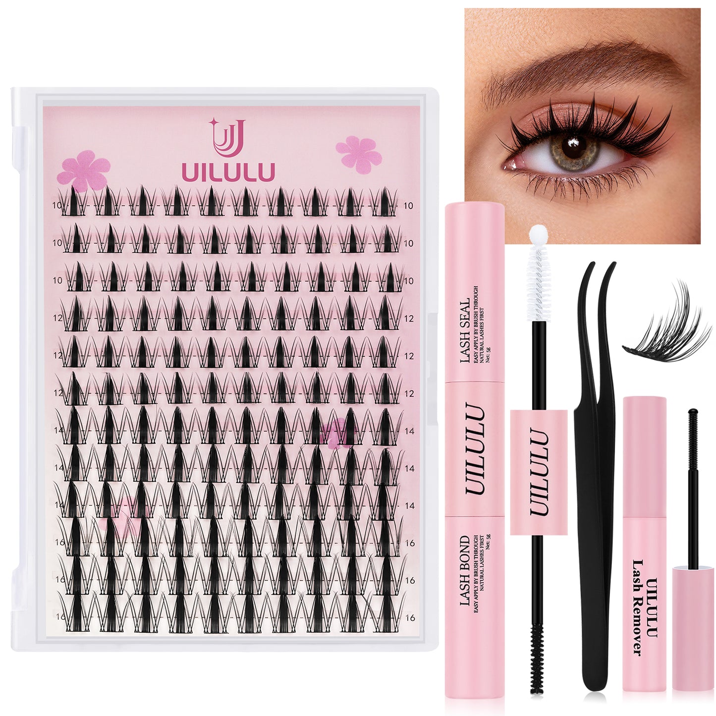 Uilulu Lash Clusters Kit 10-16mm Natural Lashes Clusters D Curl False Eyelash Clusters, DIY Lash Extension Kit with Lash Bond & Seal, Lash Glue Remover, Lash Tweezers(U07 Lash Kit)
