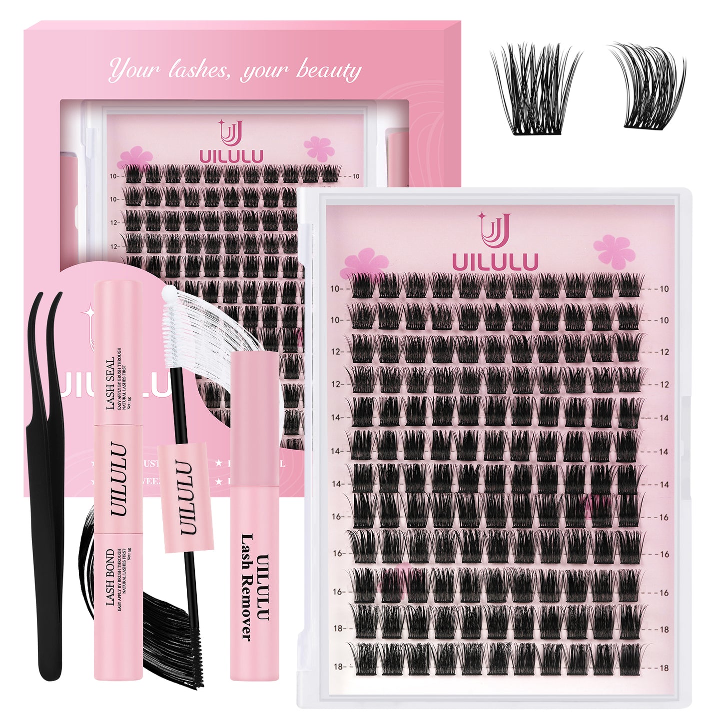Uilulu Lash Clusters Kit 10-18mm Natural Lashes Clusters D Curl False Eyelash Clusters, DIY Lash Extension Kit with Lash Bond & Seal, Lash Glue Remover, Lash Tweezers(U08 Lash Kit)