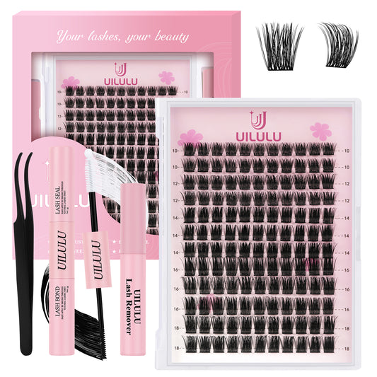 Uilulu Lash Clusters Kit 10-18mm Natural Lashes Clusters D Curl False Eyelash Clusters, DIY Lash Extension Kit with Lash Bond & Seal, Lash Glue Remover, Lash Tweezers(U08 Lash Kit)