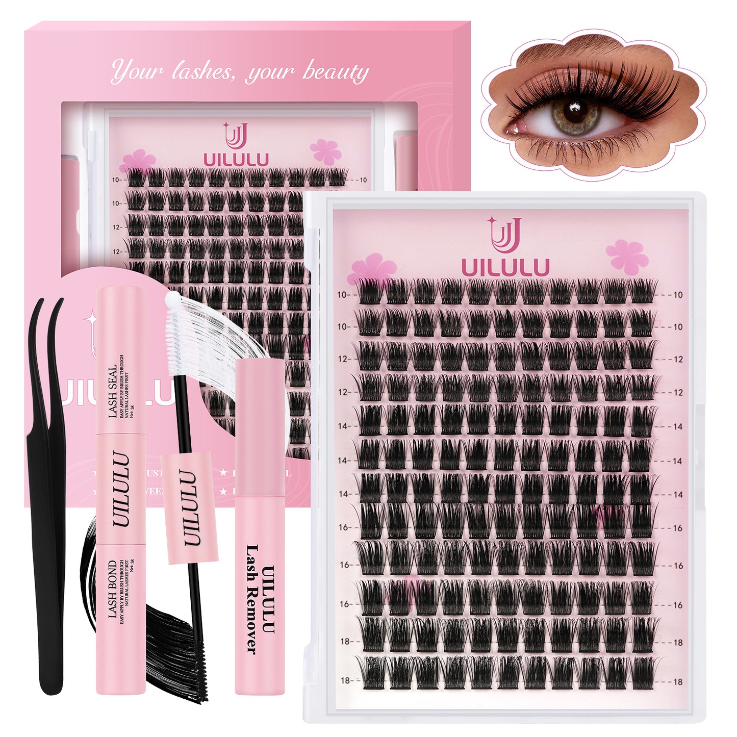 Uilulu Lash Clusters Kit 10-18mm Natural Lashes Clusters D Curl False Eyelash Clusters, DIY Lash Extension Kit with Lash Bond & Seal, Lash Glue Remover, Lash Tweezers(U08 Lash Kit)