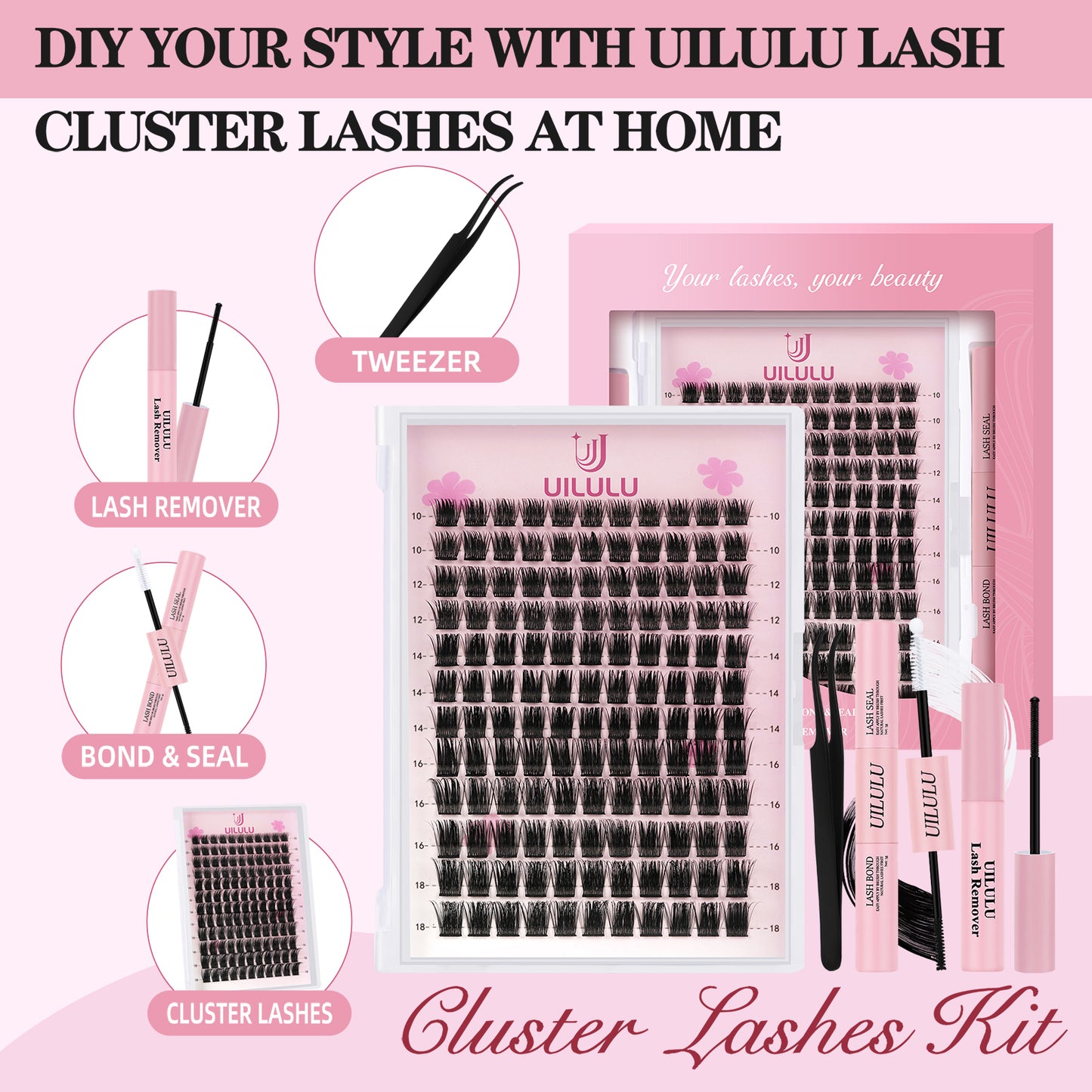Uilulu Lash Clusters Kit 10-18mm Natural Lashes Clusters D Curl False Eyelash Clusters, DIY Lash Extension Kit with Lash Bond & Seal, Lash Glue Remover, Lash Tweezers(U08 Lash Kit)