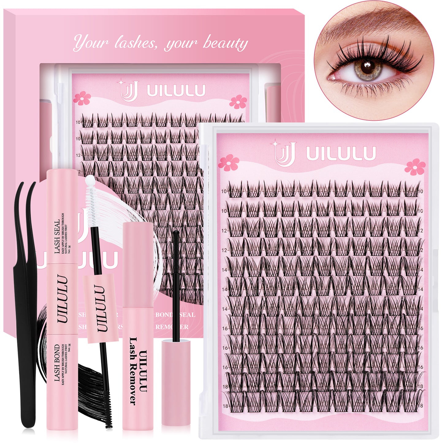 Uilulu Lash Clusters Kit 10-18mm Wispy Lash Clusters D Curl False Eyelash Clusters, DIY Lash Extension Kit with Lash Bond & Seal, Lash Glue Remover, Lash Tweezers(U09 Lash Kit)