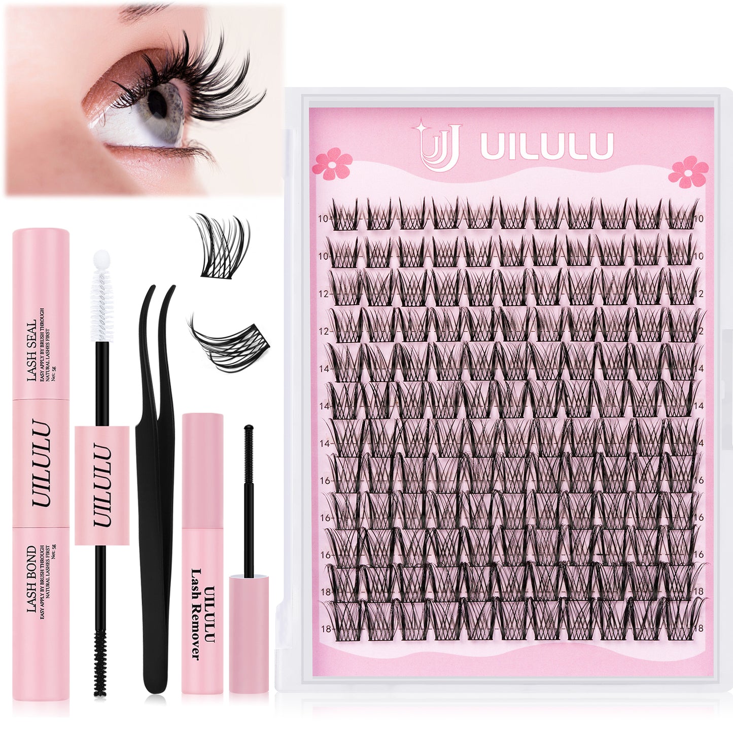 Uilulu Lash Clusters Kit 10-18mm Wispy Lash Clusters D Curl False Eyelash Clusters, DIY Lash Extension Kit with Lash Bond & Seal, Lash Glue Remover, Lash Tweezers(U09 Lash Kit)