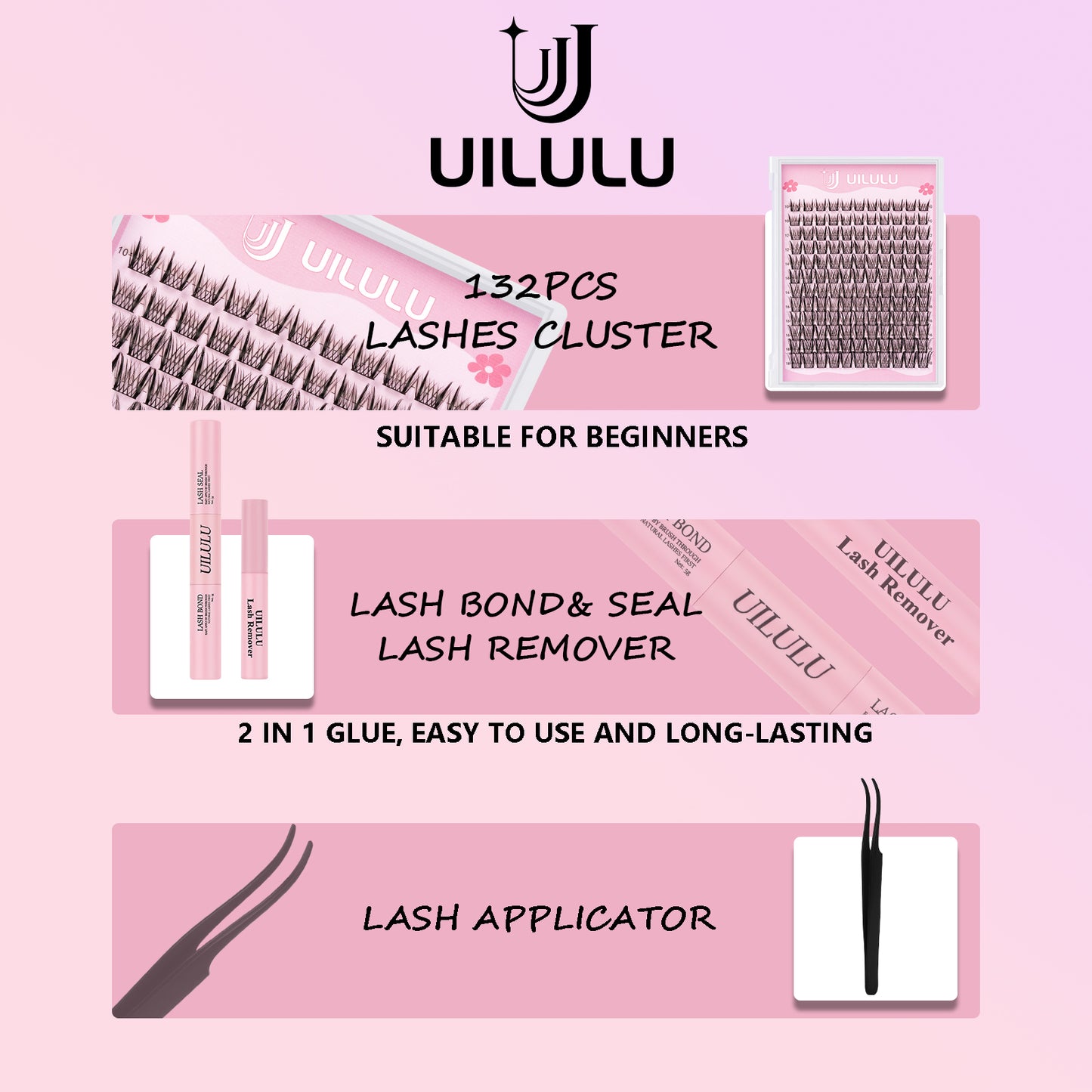 Uilulu Lash Clusters Kit 10-18mm Wispy Lash Clusters D Curl False Eyelash Clusters, DIY Lash Extension Kit with Lash Bond & Seal, Lash Glue Remover, Lash Tweezers(U09 Lash Kit)