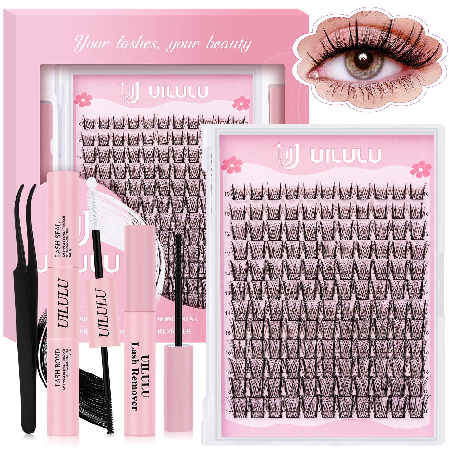 Uilulu Lash Clusters Kit 10-18mm Wispy Lash Clusters D Curl False Eyelash Clusters, DIY Lash Extension Kit with Lash Bond & Seal, Lash Glue Remover, Lash Tweezers(U09 Lash Kit)
