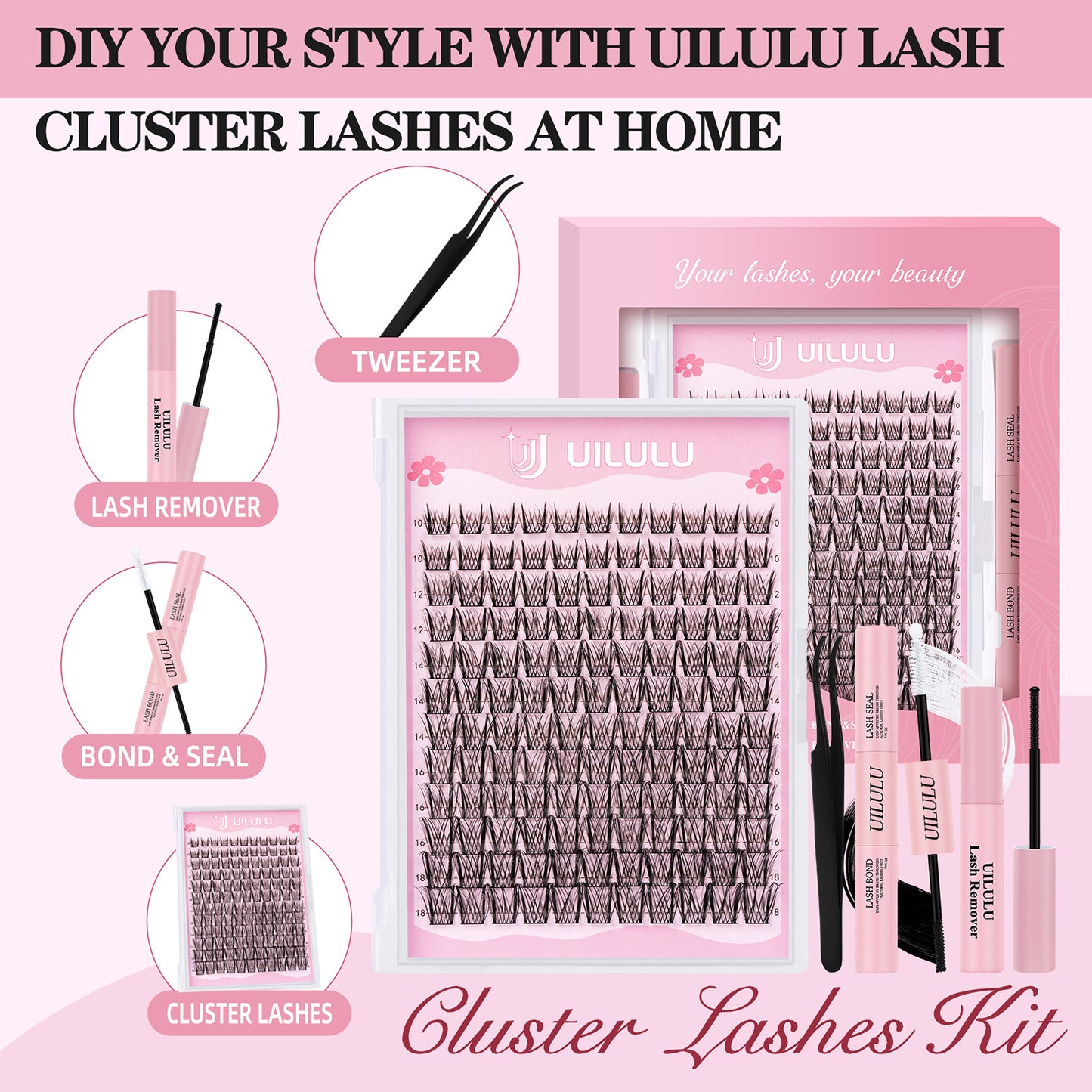 Uilulu Lash Clusters Kit 10-18mm Wispy Lash Clusters D Curl False Eyelash Clusters, DIY Lash Extension Kit with Lash Bond & Seal, Lash Glue Remover, Lash Tweezers(U09 Lash Kit)