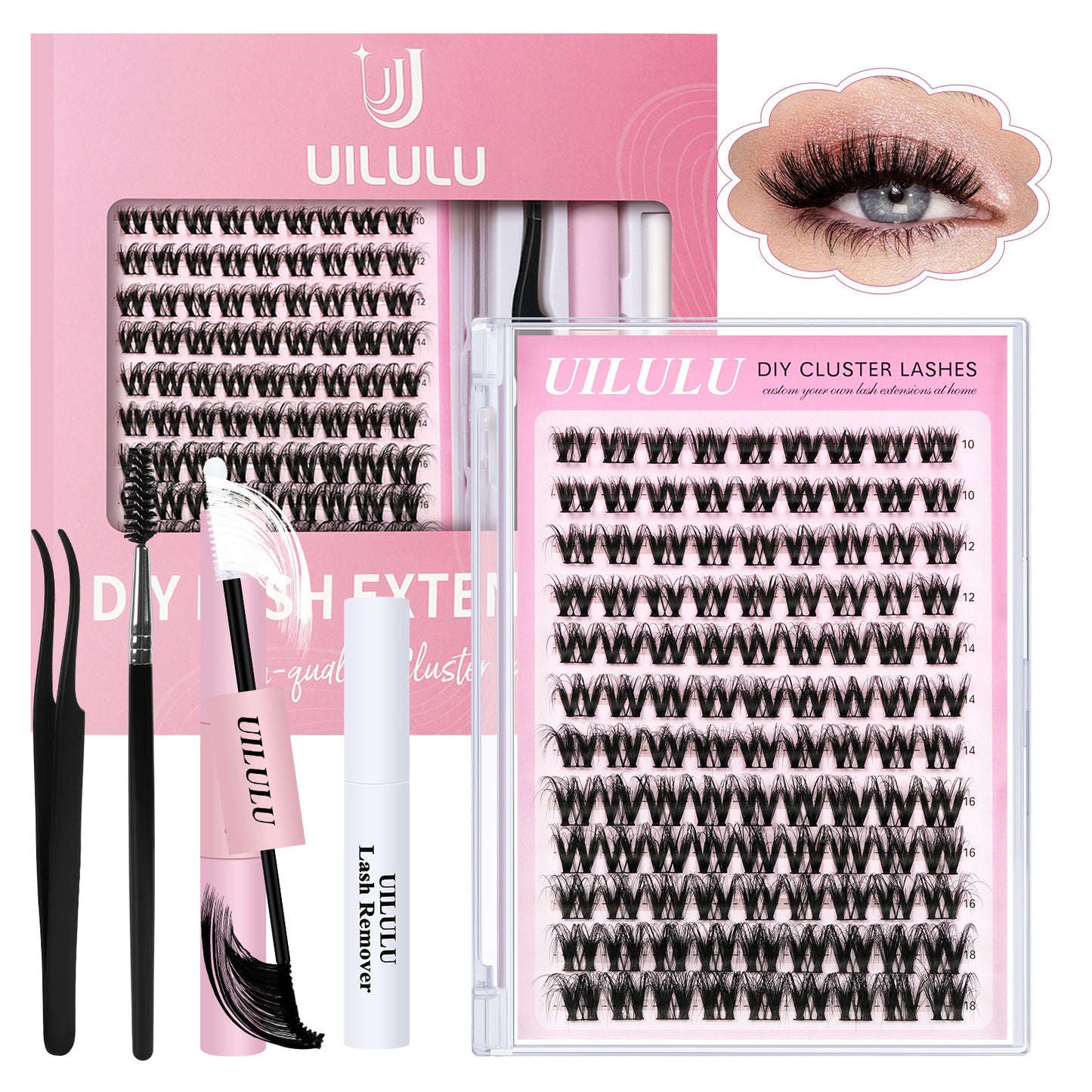 Uilulu Lash Clusters kit 10-18mm DIY Lash Extension Kit 108 D Curl Fluffy Lashes Clusters 0.07D Individual Lashes Clusters False Eyelashes Natural Eye Lash Kits Extensions Kit （U10 Lash Kit）