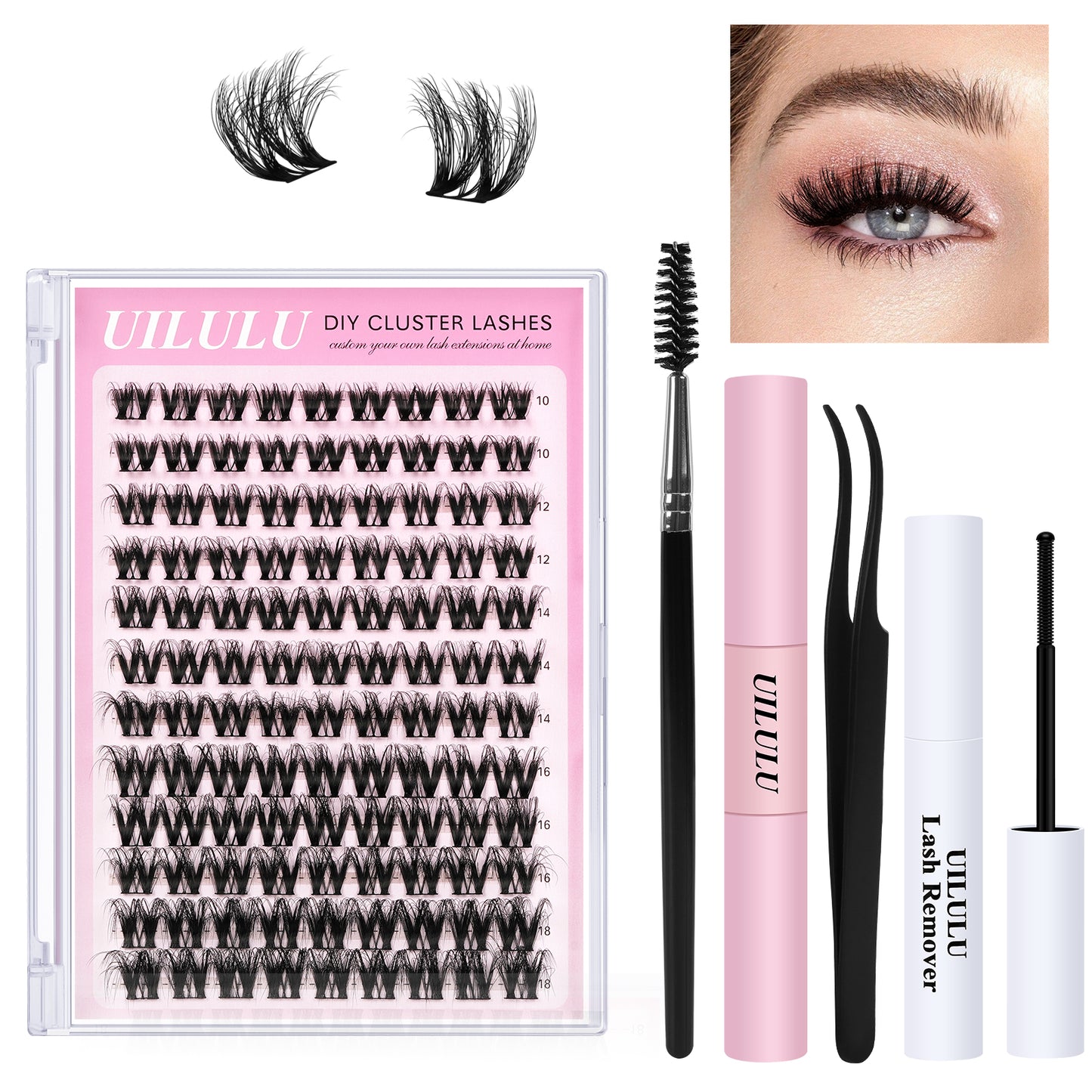 Uilulu Lash Clusters kit 10-18mm DIY Lash Extension Kit 108 D Curl Fluffy Lashes Clusters 0.07D Individual Lashes Clusters False Eyelashes Natural Eye Lash Kits Extensions Kit （U10 Lash Kit）