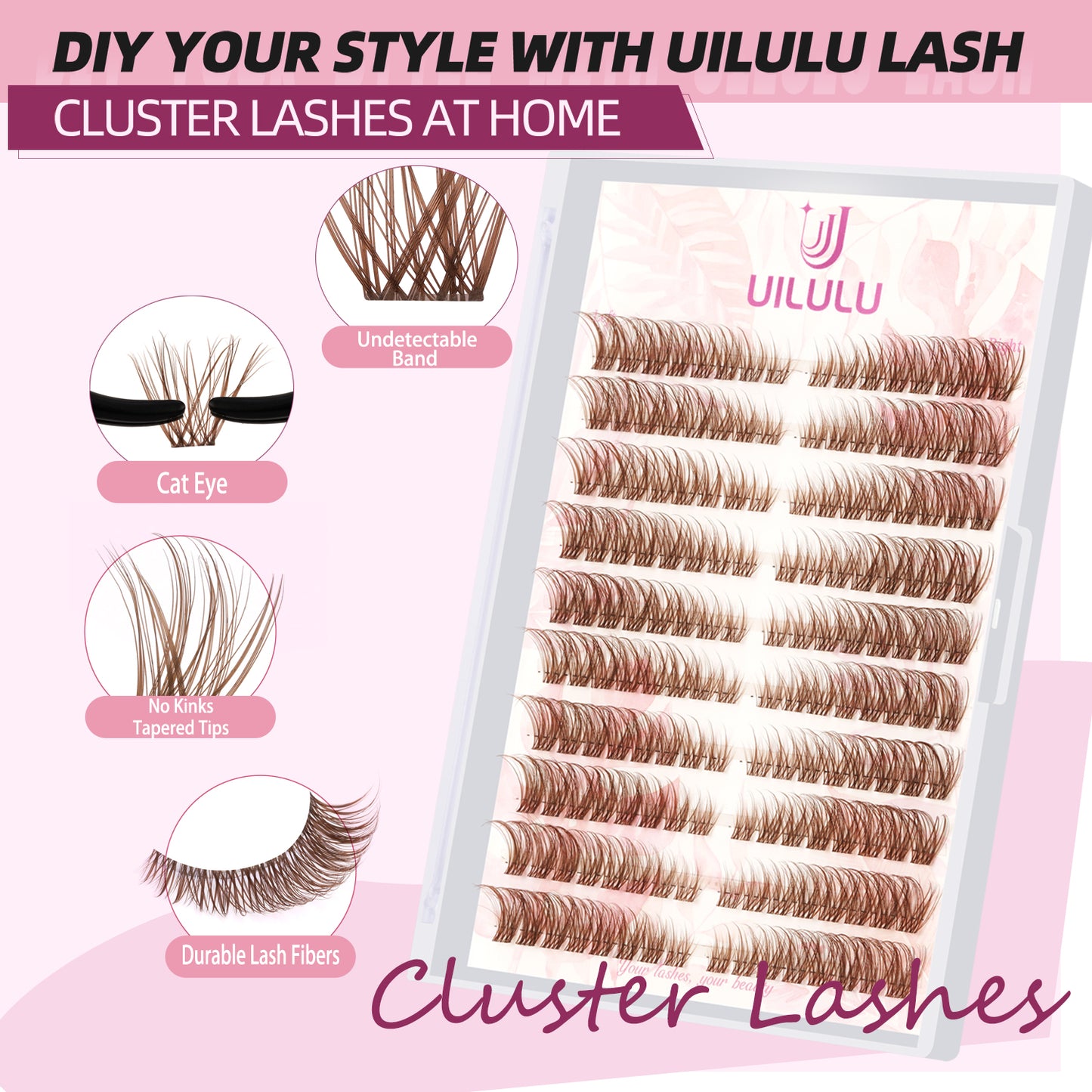 UILULU Brown Lash Clusters Natural Lash Extensions Wispy Eyelash Clusters 160pcs D Curl Left&Right Cluster Eyelashes Extensions Individual Cluster Lashes (U16 Lashes Only)