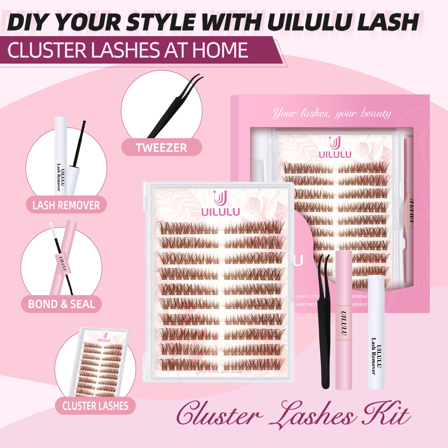 UILULU Brown Lash Clusters Kit Natural Lashes Extensions Wispy Eyelash Cluster 160pcs D Curl Left&Right with Bond & Seal, Glue Remover, Tweezers(U16)