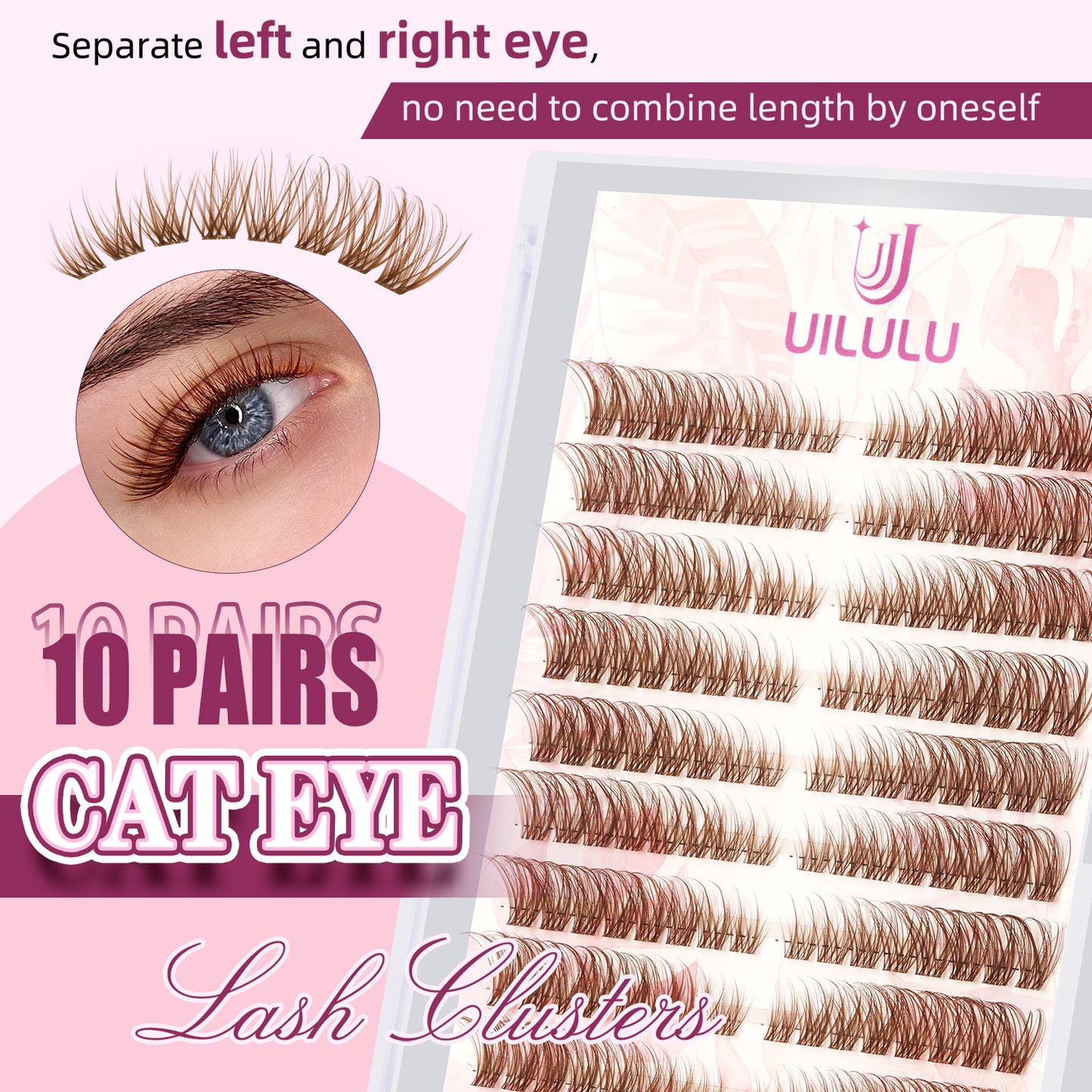 UILULU Brown Lash Clusters Natural Lash Extensions Wispy Eyelash Clusters 160pcs D Curl Left&Right Cluster Eyelashes Extensions Individual Cluster Lashes (U16 Lashes Only)