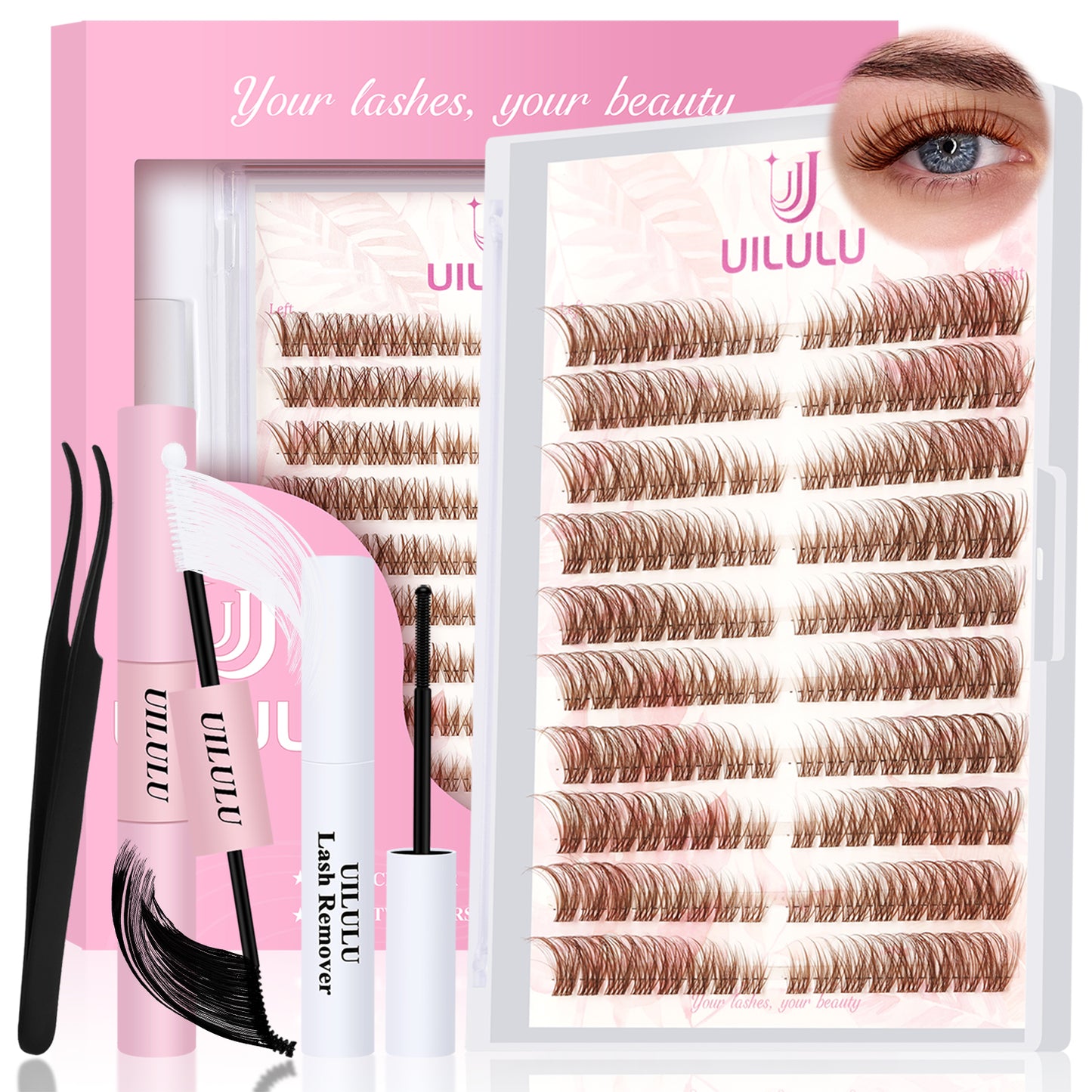 UILULU Brown Lash Clusters Kit Natural Lashes Extensions Wispy Eyelash Cluster 160pcs D Curl Left&Right with Bond & Seal, Glue Remover, Tweezers(U16)