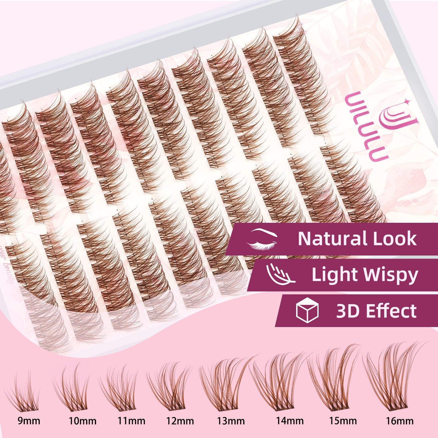 UILULU Brown Lash Clusters Kit Natural Lashes Extensions Wispy Eyelash Cluster 160pcs D Curl Left&Right with Bond & Seal, Glue Remover, Tweezers(U16)