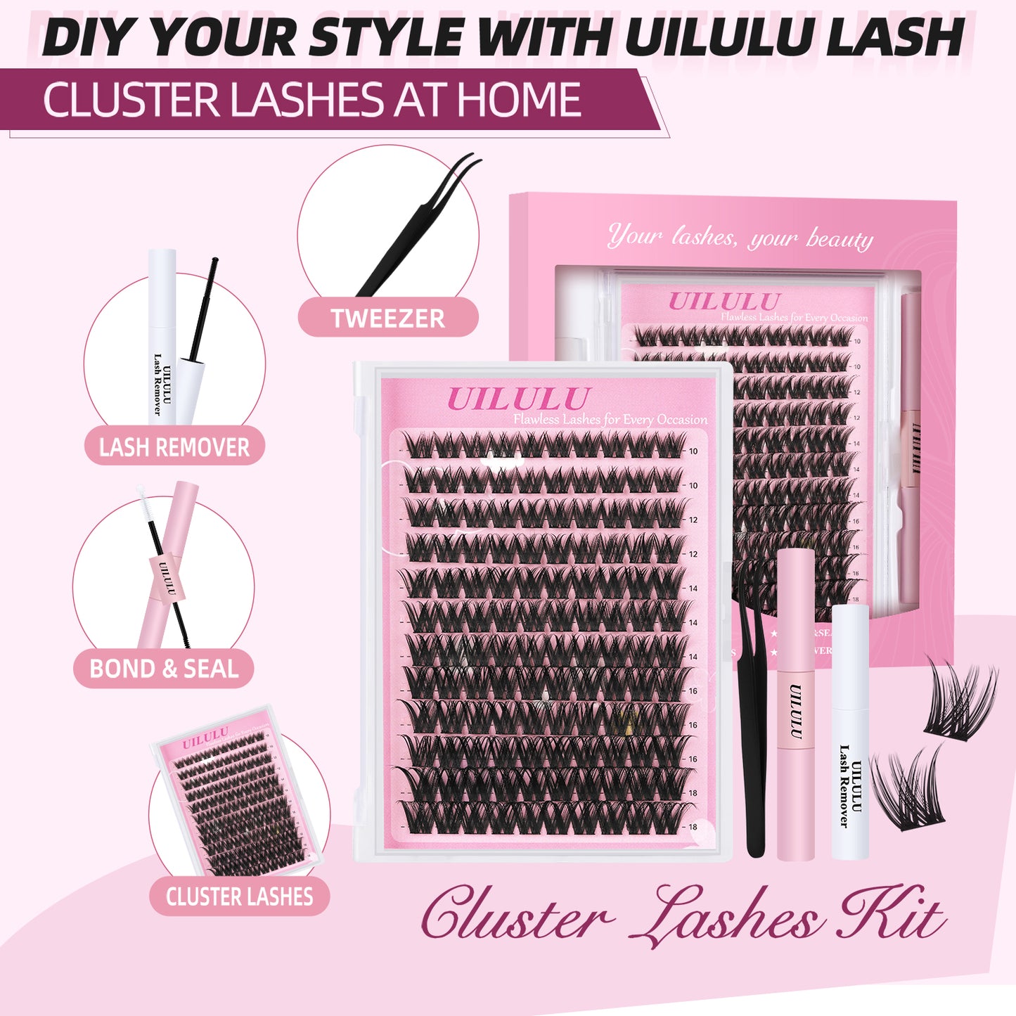 UILULU Wispy Lash Clusters Kit 10-18mm Mix D Curl Eye Lashes Wispy Lash Cluster False Eyelash Clusters DIY Lash Extension Kit with Lash Bond & Seal, Lash Glue Remover, Lash Tweezers(U13 Lash Kit)