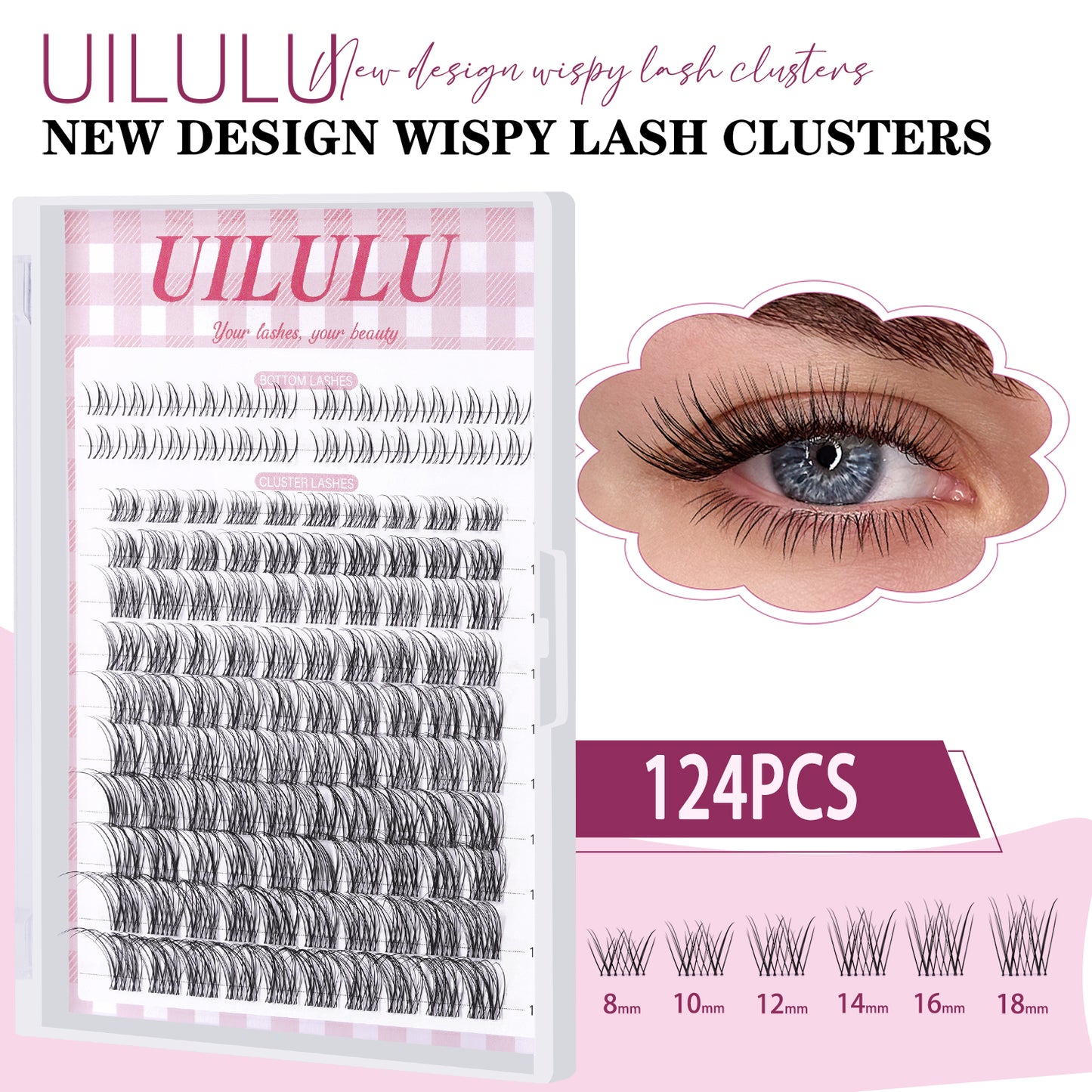 UILULU Natural Lash Clusters 8-18mm with 5mm Bottom Lashes Natural Eye Lashes Wispy Lash Clusters False Eyelash Clusters DIY Eyelash Extensions Individual Cluster Lashes (U18 Lashes Only)