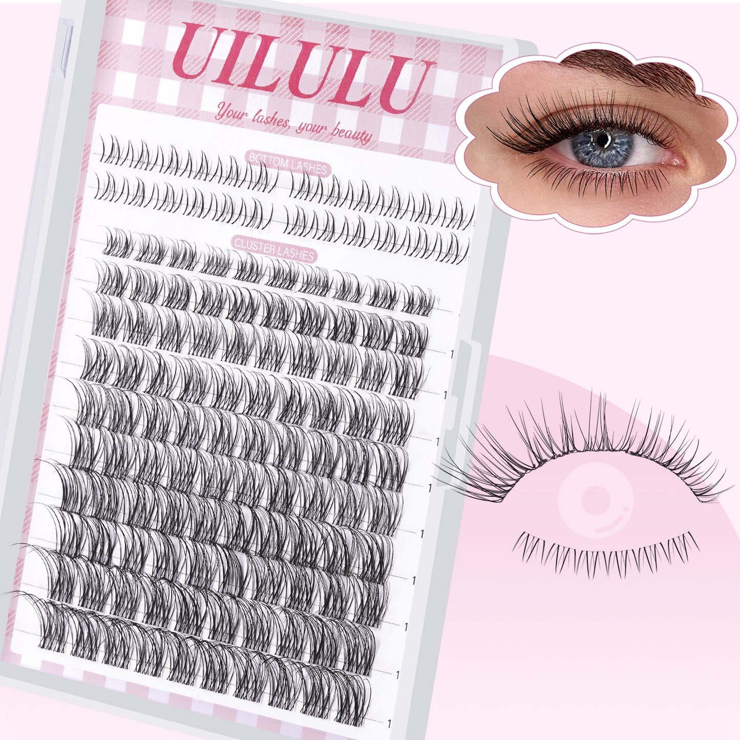 UILULU Natural Lash Clusters 8-18mm with 5mm Bottom Lashes Natural Eye Lashes Wispy Lash Clusters False Eyelash Clusters DIY Eyelash Extensions Individual Cluster Lashes (U18 Lashes Only)