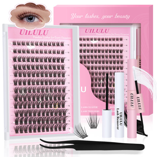 UILULU Natural Wispy Lash Clusters Kit 10-18mm Mix D Curl DIY Extension Eye Lashes False Wispy EyeLash Cluster with Bond & Seal, Glue Remover, Tweezers(U14)