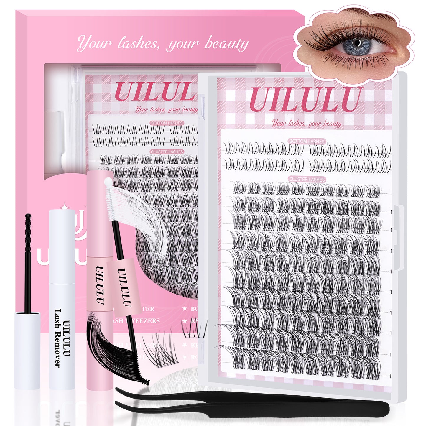 UILULU Natural Lash Clusters Kit 8-18mm with 5mm Bottom Lashes Natural Eye Lashes Wispy Lash Clusters False Eyelash Clusters DIY Lash Extension Kit with Bond & Seal Glue Remover Tweezers(U18 Lash Kit)