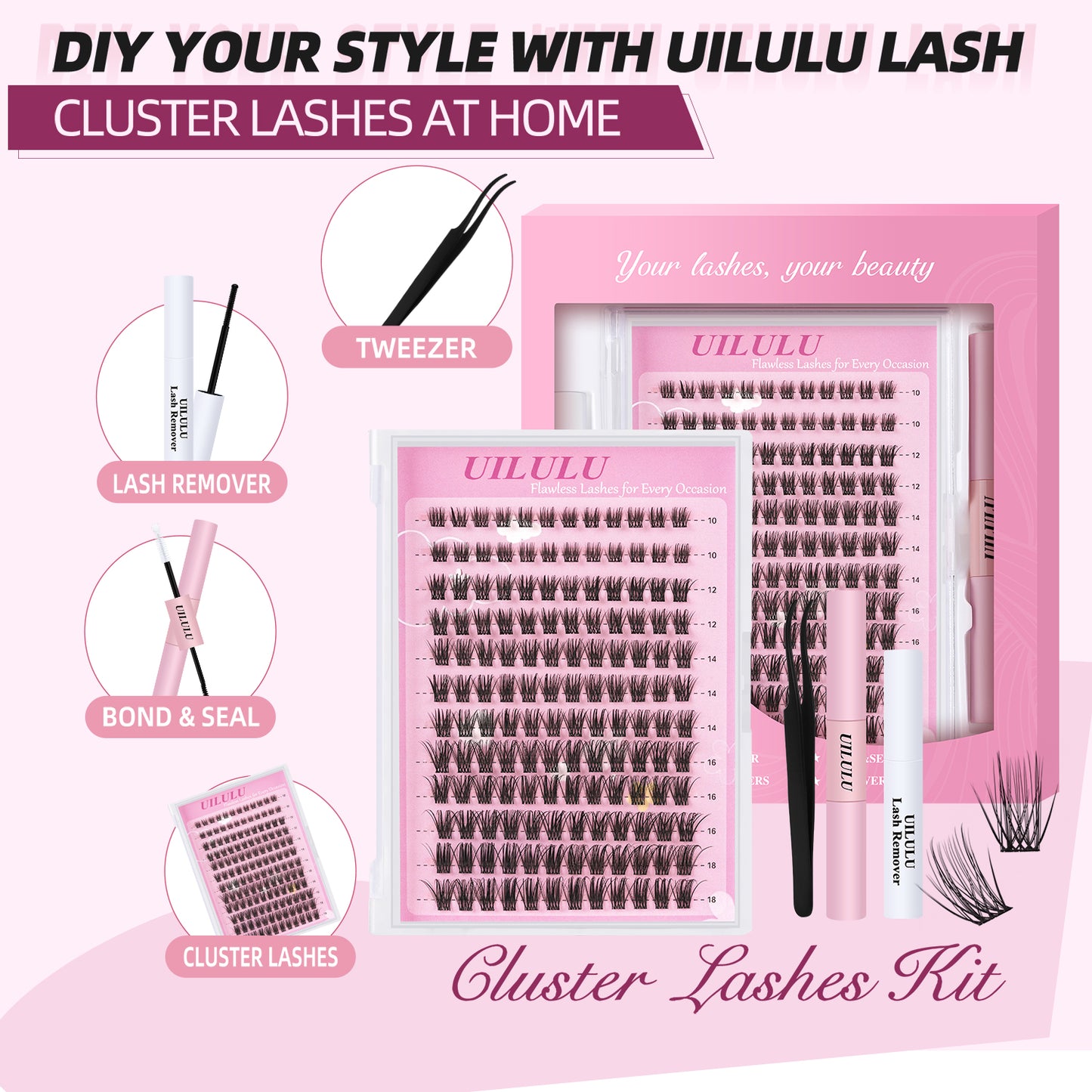 UILULU Natural Wispy Lash Clusters Kit 10-18mm Mix D Curl DIY Extension Eye Lashes False Wispy EyeLash Cluster with Bond & Seal, Glue Remover, Tweezers(U14)