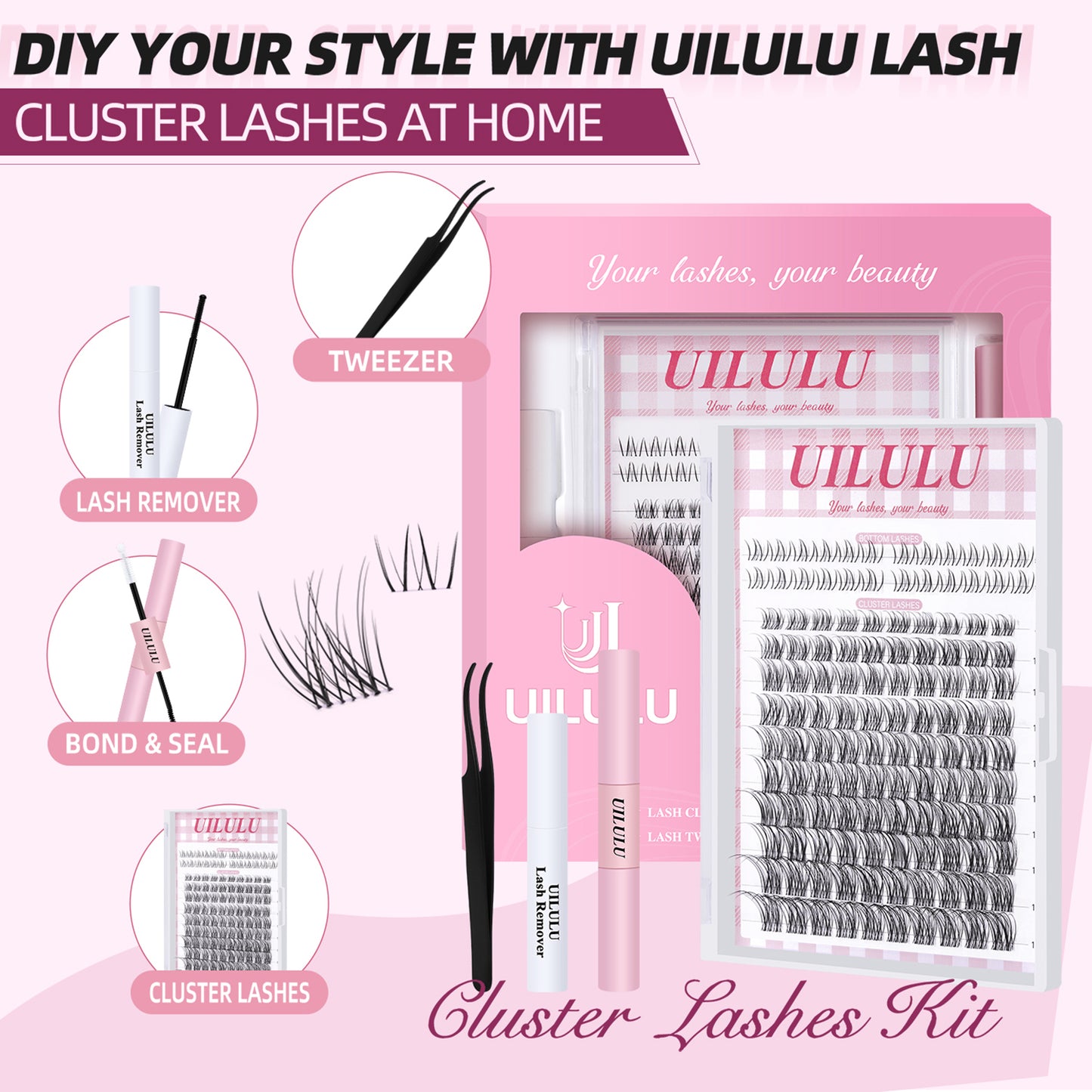 UILULU Natural Lash Clusters Kit 8-18mm with 5mm Bottom Lashes Natural Eye Lashes Wispy Lash Clusters False Eyelash Clusters DIY Lash Extension Kit with Bond & Seal Glue Remover Tweezers(U18 Lash Kit)